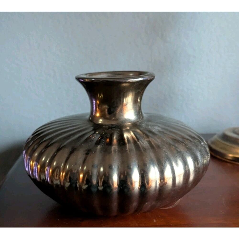 Vtg Haeger Ribbed Metallic Vase Mid Century Modern Art Pottery Bronze Melon - Picture 2 of 8